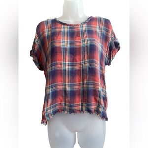 Cloth and Stone Anthropologie Ladies Plaid Short Sleeve Fringe Blouse Size Med.